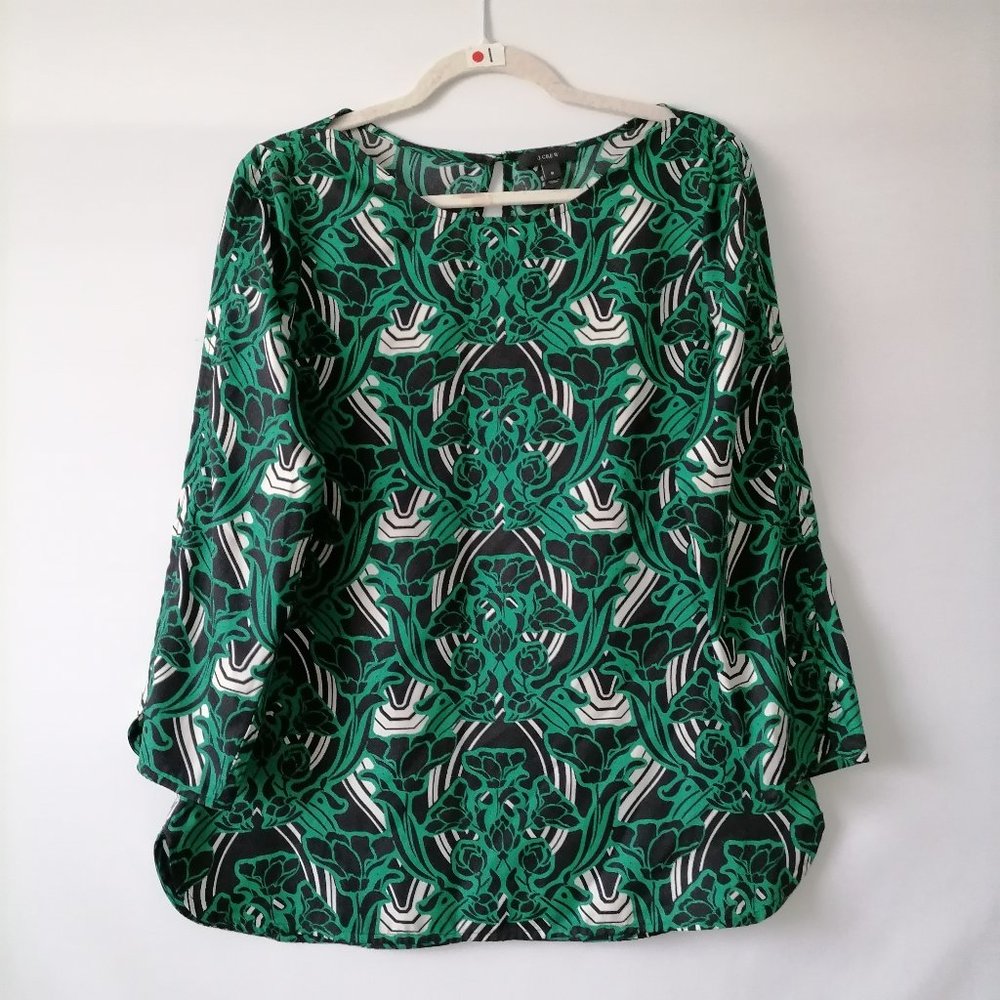J.Crew Women's Green-Black Retro Floral 3/4 Sleeve Popover Blouse Top Size 6